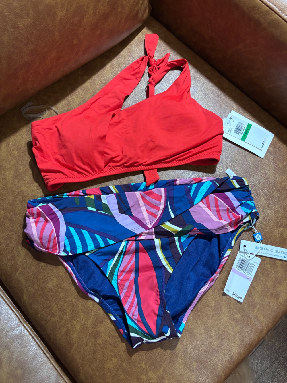 NWT Bleu Rod Beattie Bikini Set Red Top with Multicolor Print Bottoms